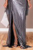 Metallic silver mother of the bride gown featuring detachable sleeves and a dramatic high front slit.