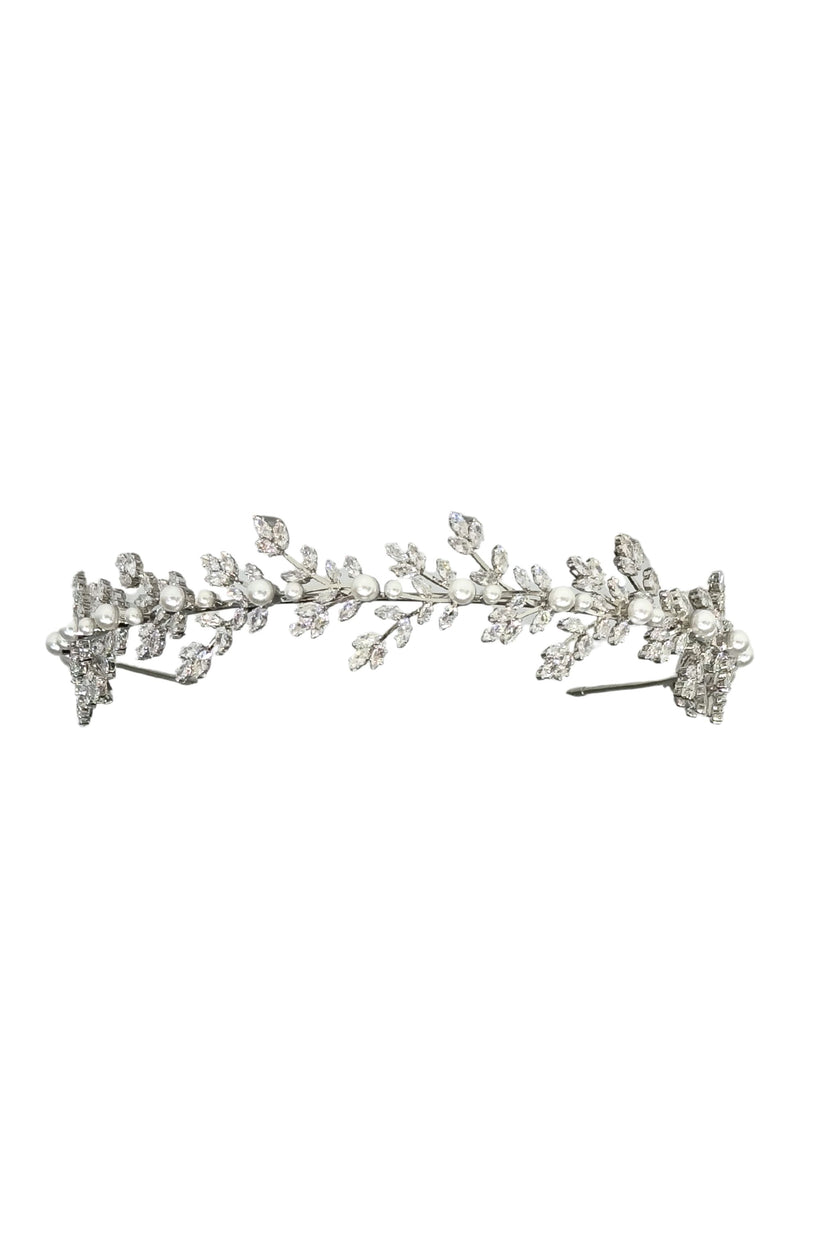 Silver Crystal & Pearl Vine Tiara – Elegant Bridal Headband