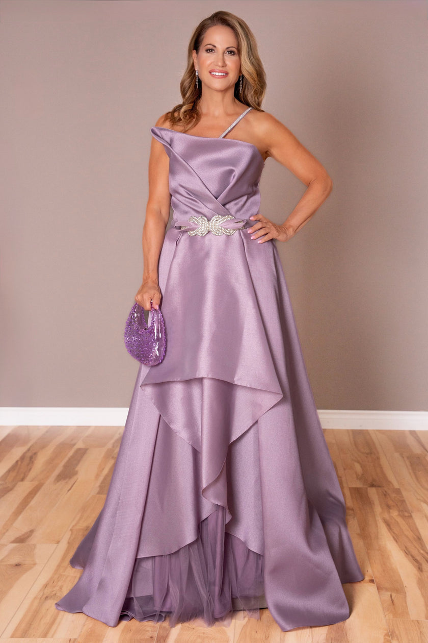 Lavender asymmetrical satin mother of the bride gown with a pearl-embellished belt.