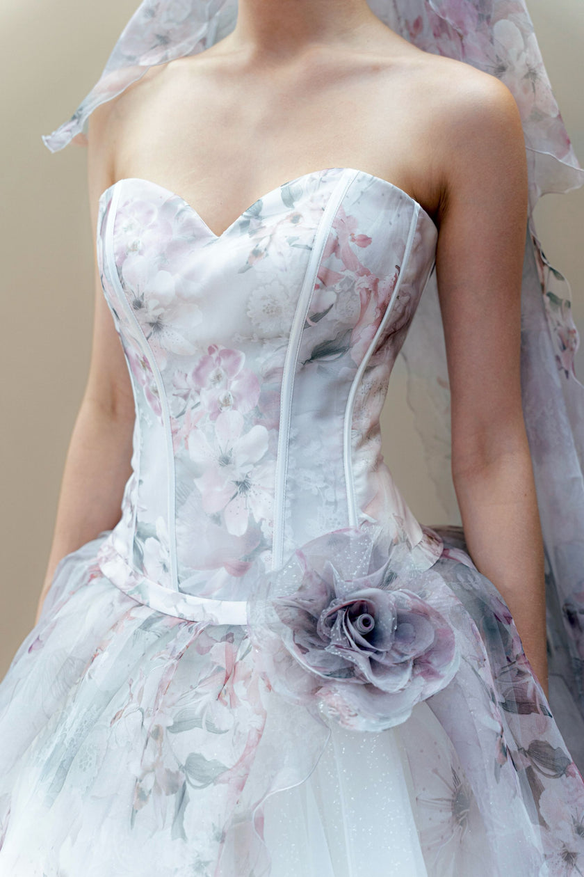 Matching floral cathedral veil with the romantic couture wedding gown.