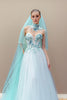 Aqua couture wedding gown with embroidered illusion bodice, layered tulle skirt, and cathedral veil.