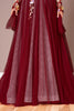 Sheer long sleeve with floral detailing on a burgundy A-line gown.