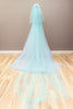Back view of the aqua wedding gown, showcasing the illusion back and cathedral veil.