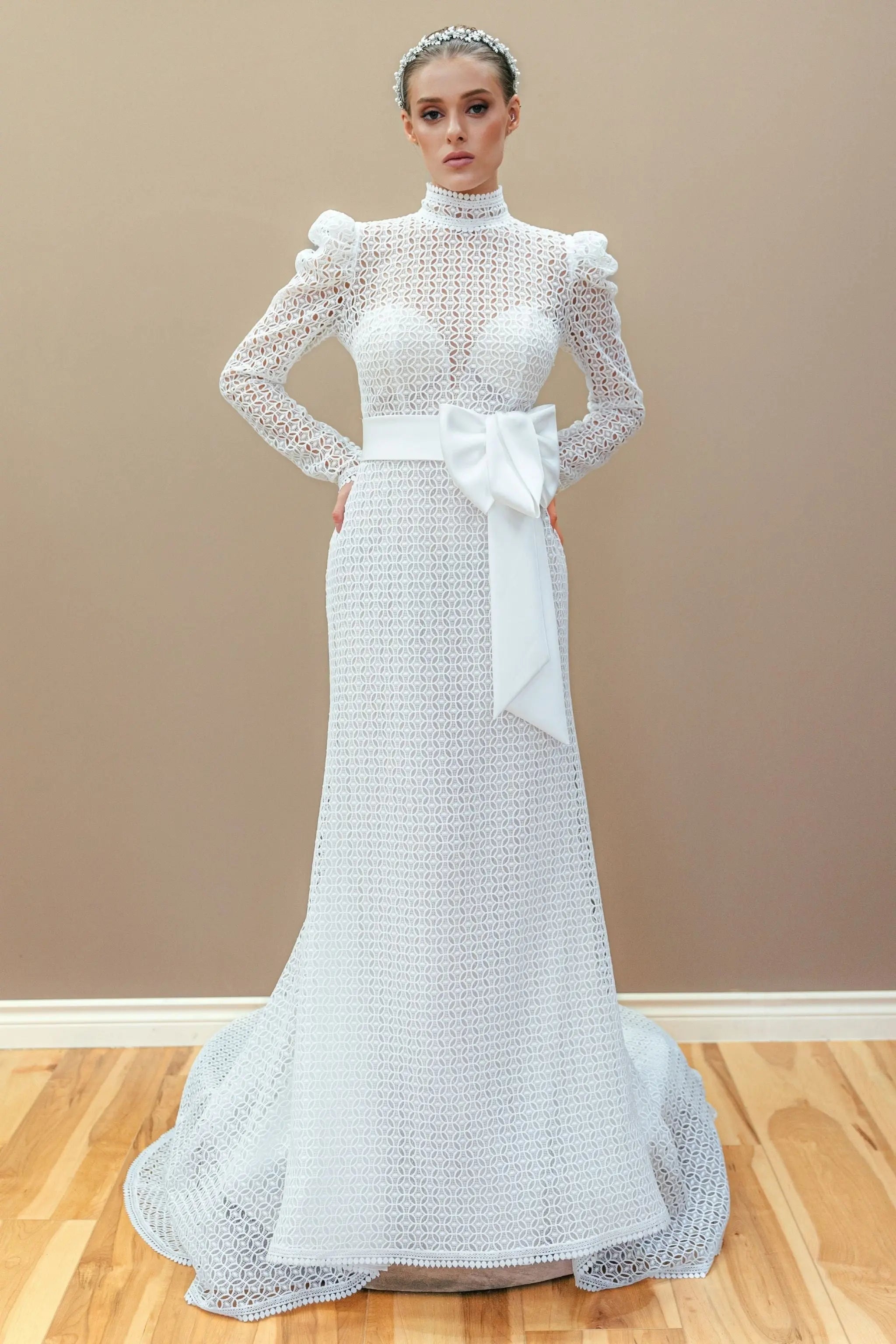 white long-sleeve gown