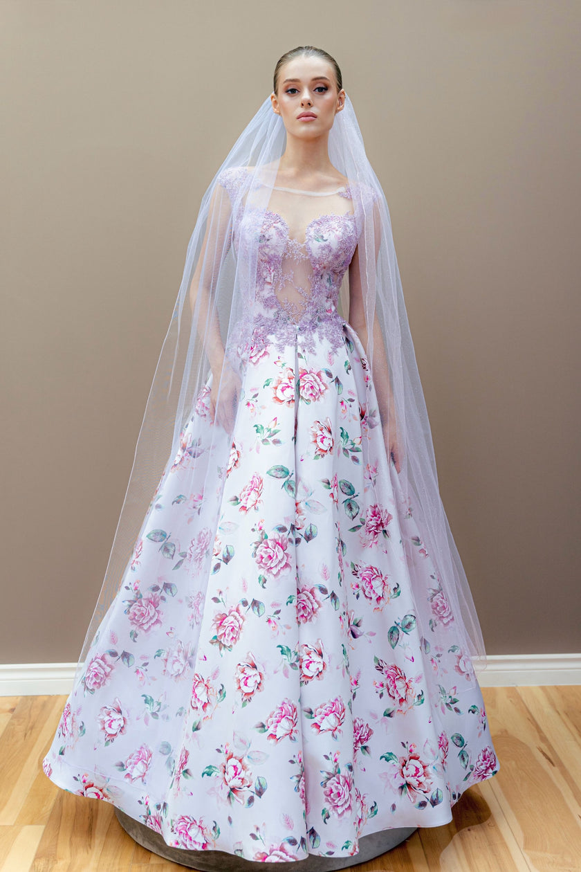 Floral Couture wedding gown featuring a lavender lace bodice and a unique pink and purple two-tone cathedral veil.