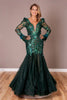 Front view of emerald green sequin mermaid gown with deep V illusion neckline