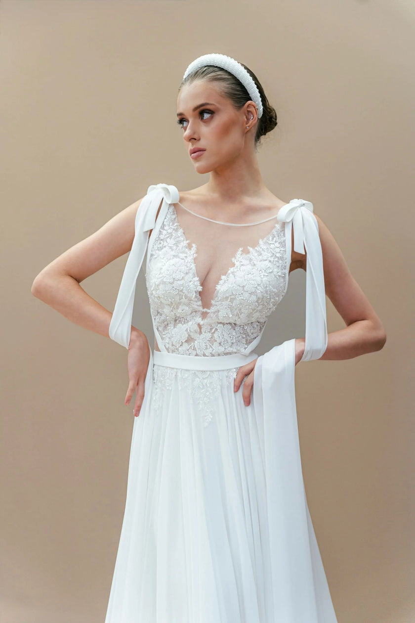 white lace and satin wedding dress