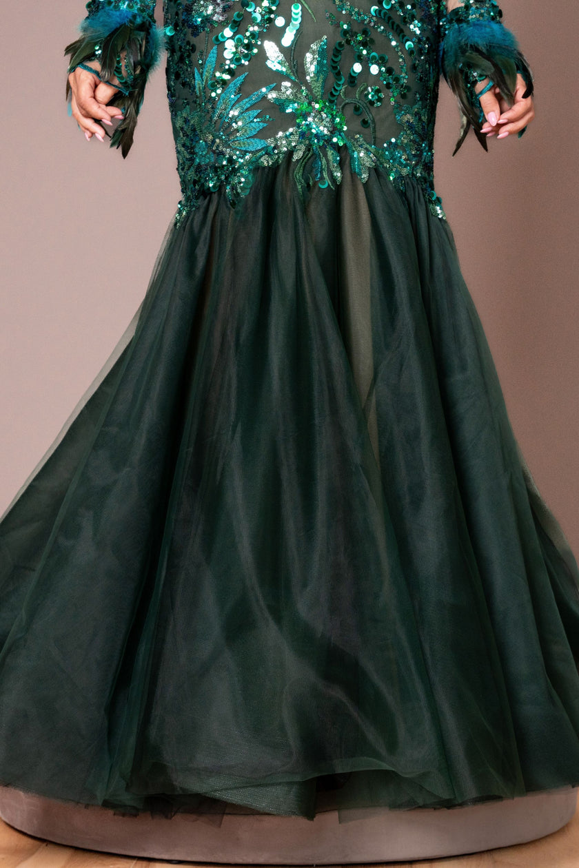 Green sequin dress with a plain background