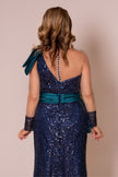 Back view: Mother of the bride wearing a blue sequin dress with green accents.