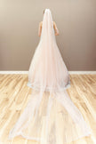 Back view of peach wedding gown with corset detailing and long veil.