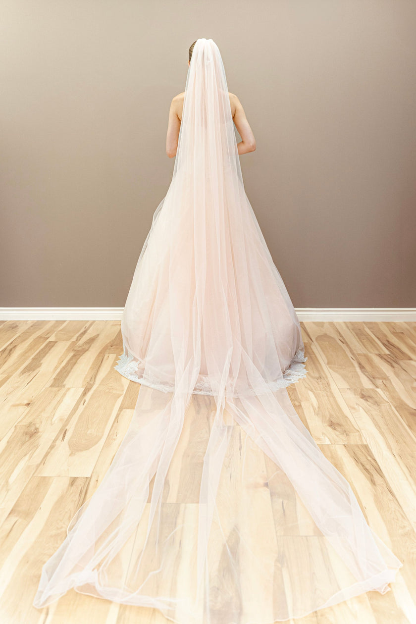 Back view of peach wedding gown with corset detailing and long veil.