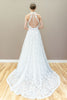 Back view of elegant halter lace wedding gown featuring illusion bodice and graceful A-line flow.