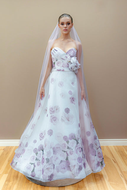 Lavender floral couture wedding gown with a strapless sweetheart bodice and matching cathedral veil.