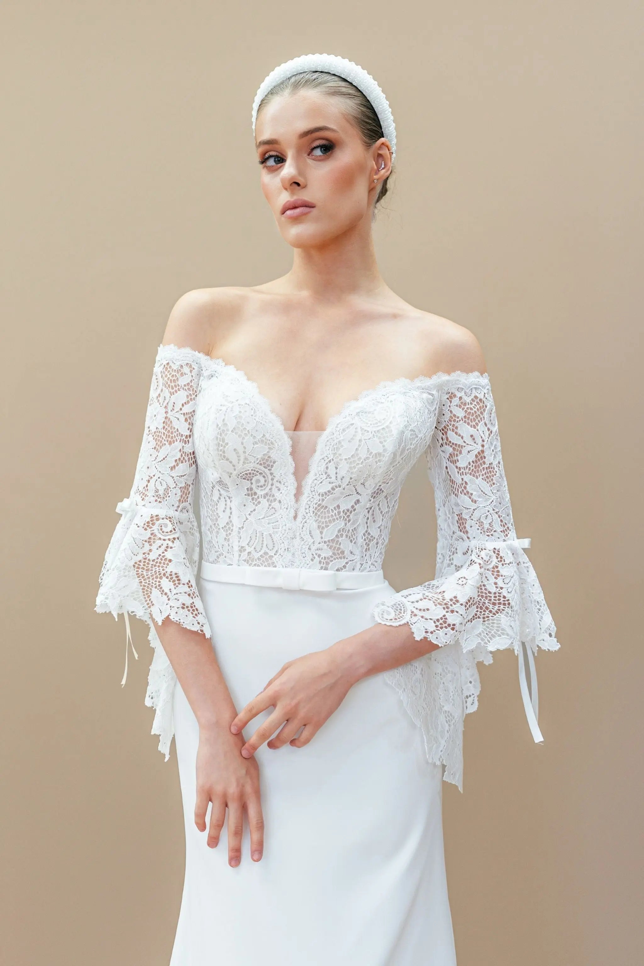 wedding dress with a deep V neckline