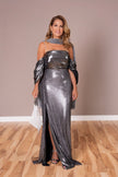 Metallic silver mother of the bride gown with elegant detachable draped sleeves.